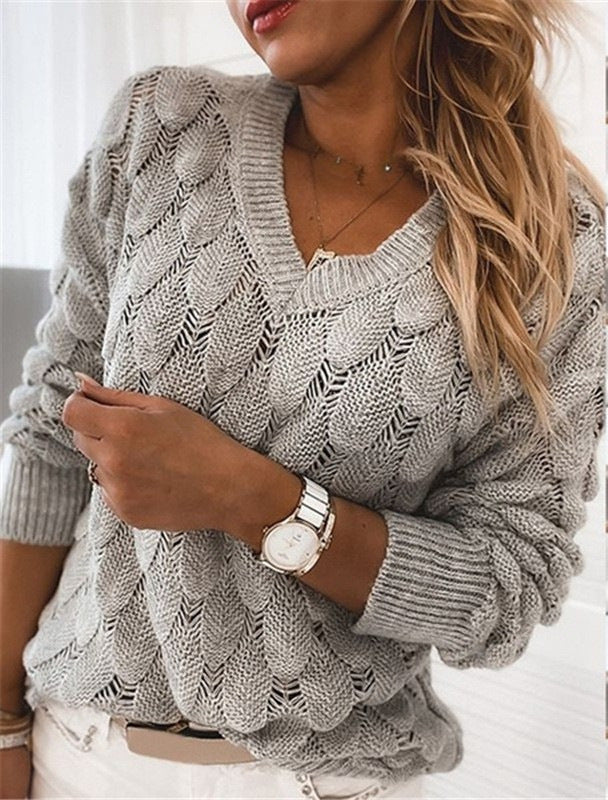 Knitted Feather Cut Out V Neck Long Sleeve Sweater