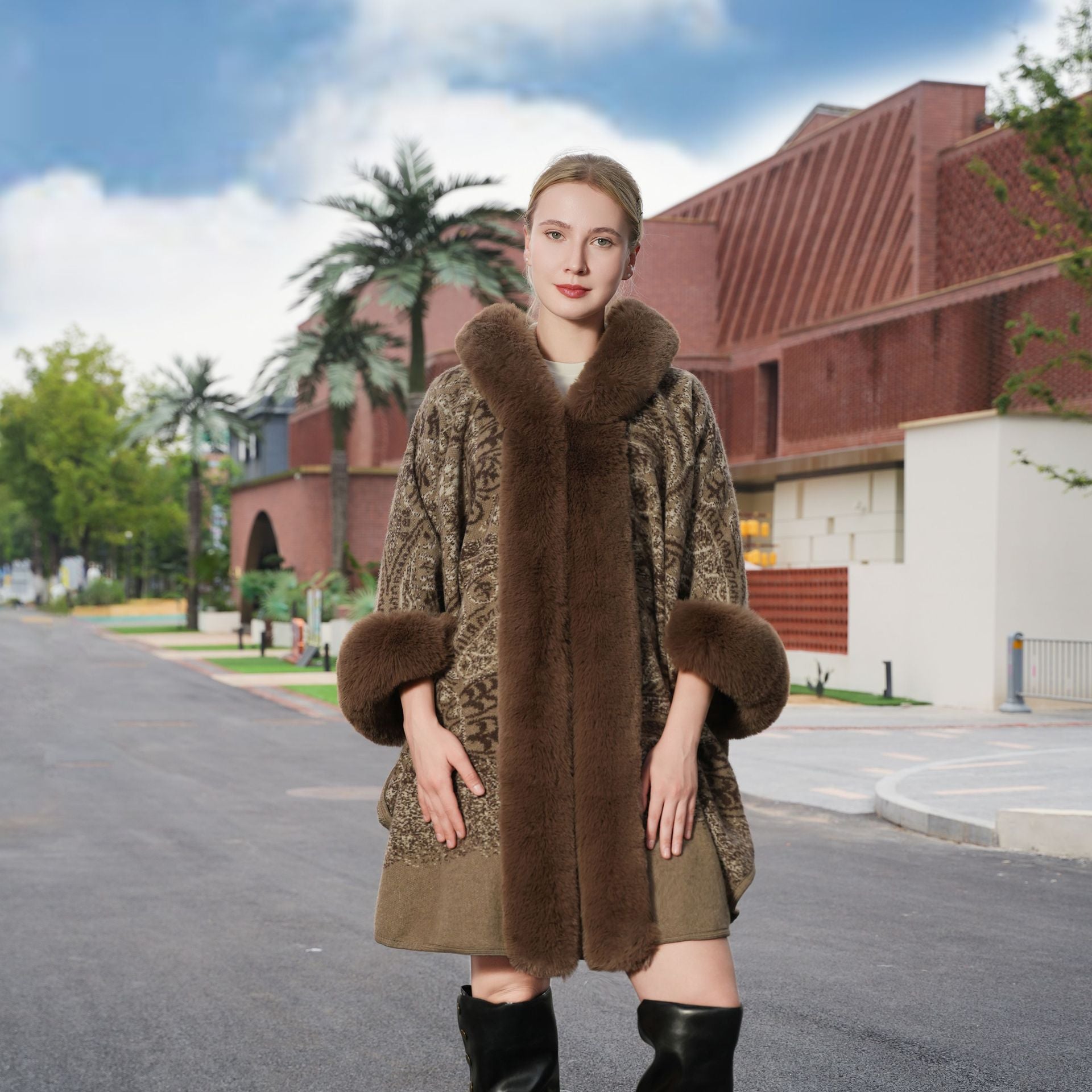 Knitted Printed Womens Cape Coat