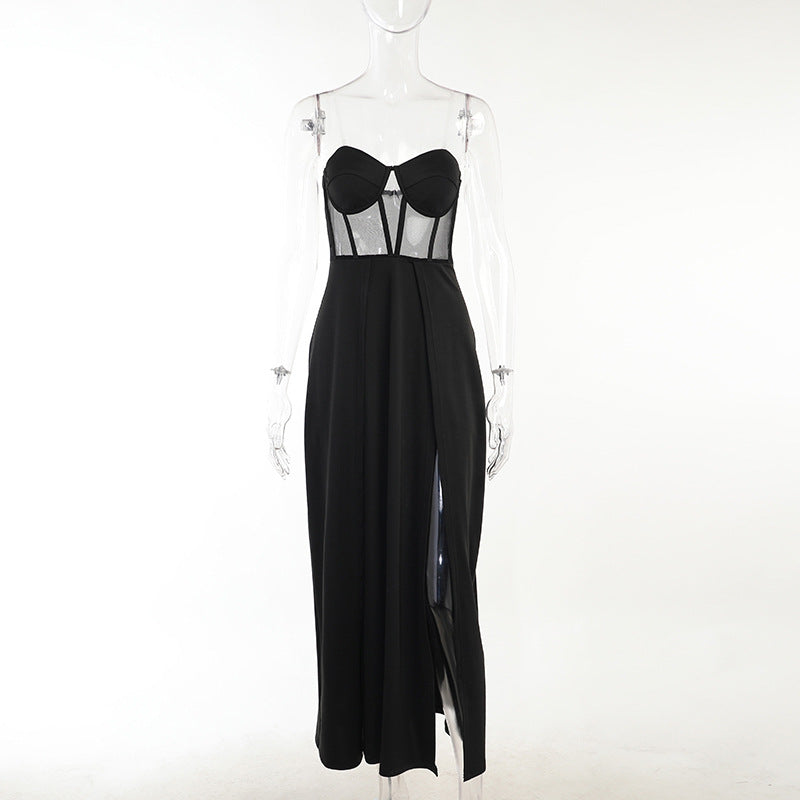 Knitted strapless, corset and slit dress