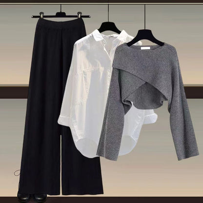 Knitted sweater shirt wide leg pants