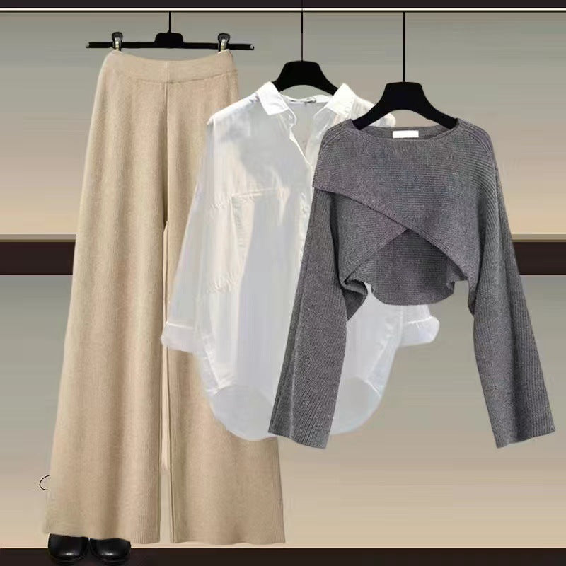 Knitted sweater shirt wide leg pants