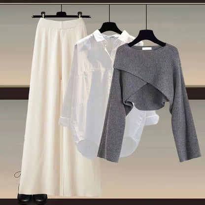 Knitted sweater shirt wide leg pants