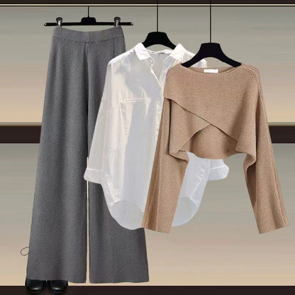 Knitted sweater shirt wide leg pants