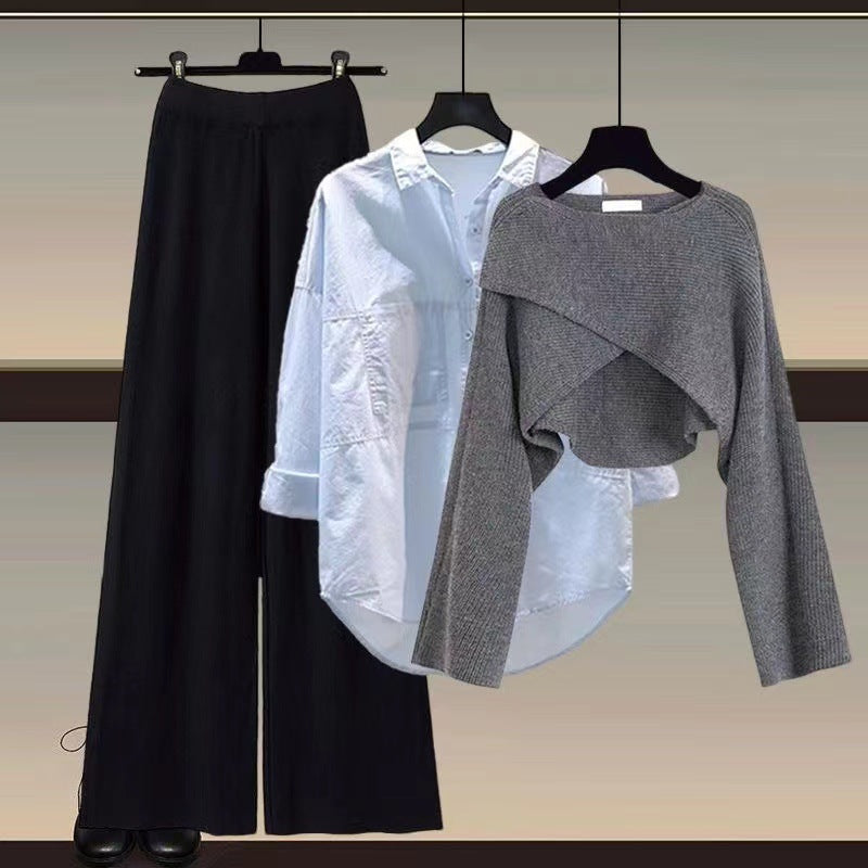 Knitted sweater shirt wide leg pants