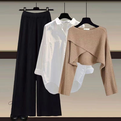 Knitted sweater shirt wide leg pants