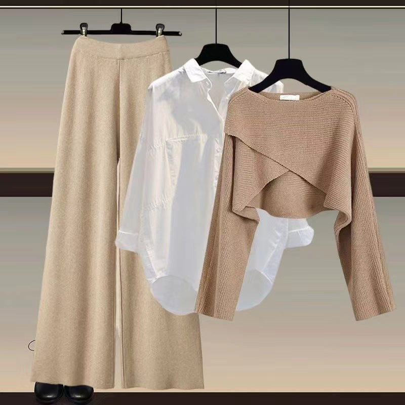 Knitted sweater shirt wide leg pants
