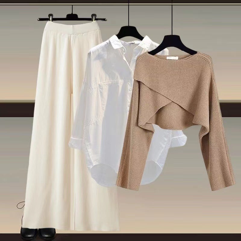 Knitted sweater shirt wide leg pants
