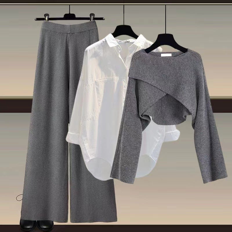 Knitted sweater shirt wide leg pants