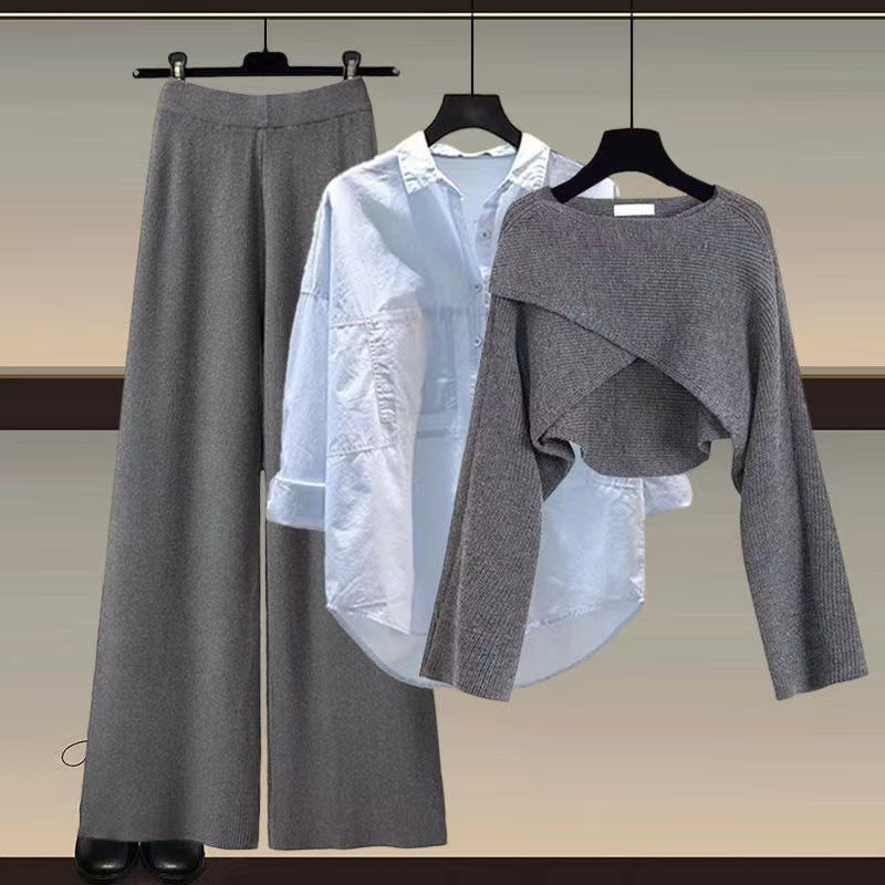 Knitted sweater shirt wide leg pants