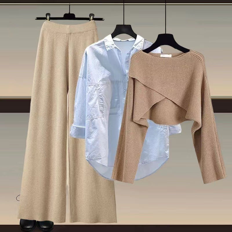 Knitted sweater shirt wide leg pants