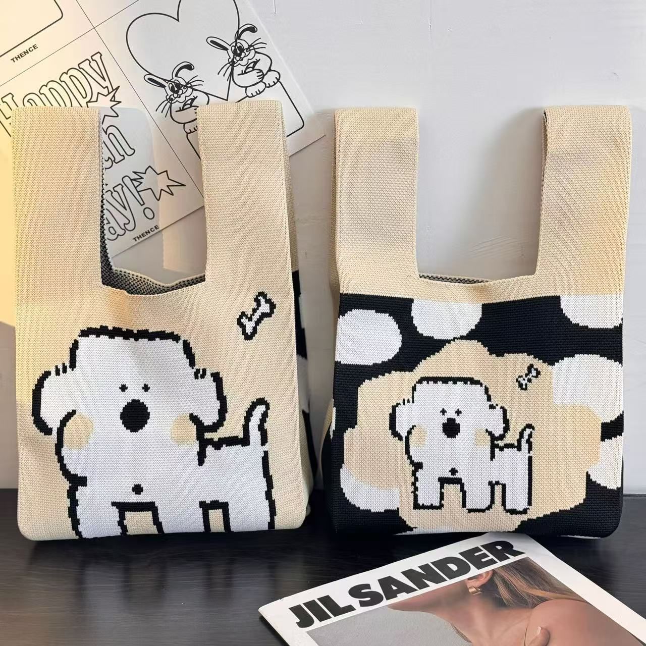 Knitted Tote Bag with Cartoon Design