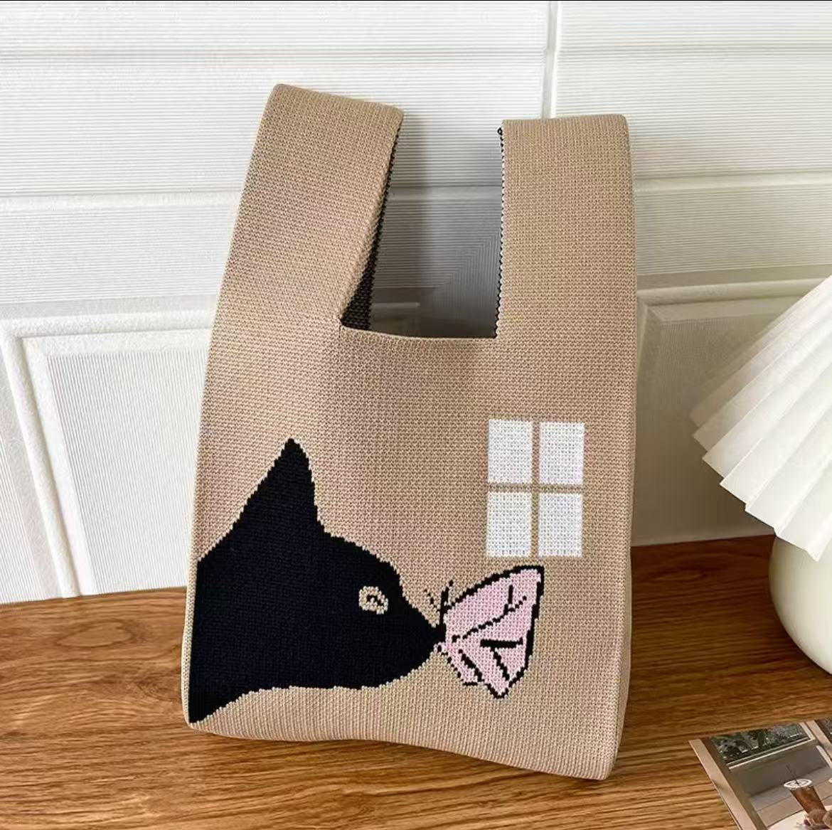 Knitted Tote Bag with Cartoon Design