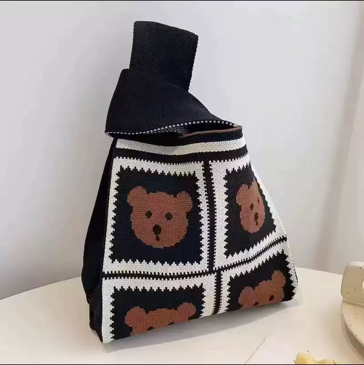 Knitted Tote Bag with Cartoon Design
