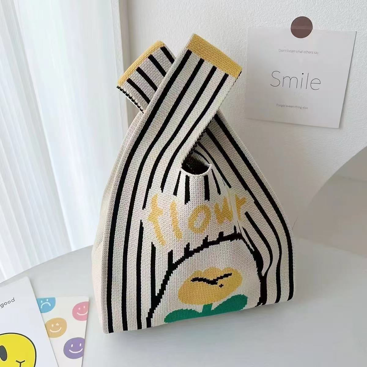 Knitted Tote Bag with Cartoon Design