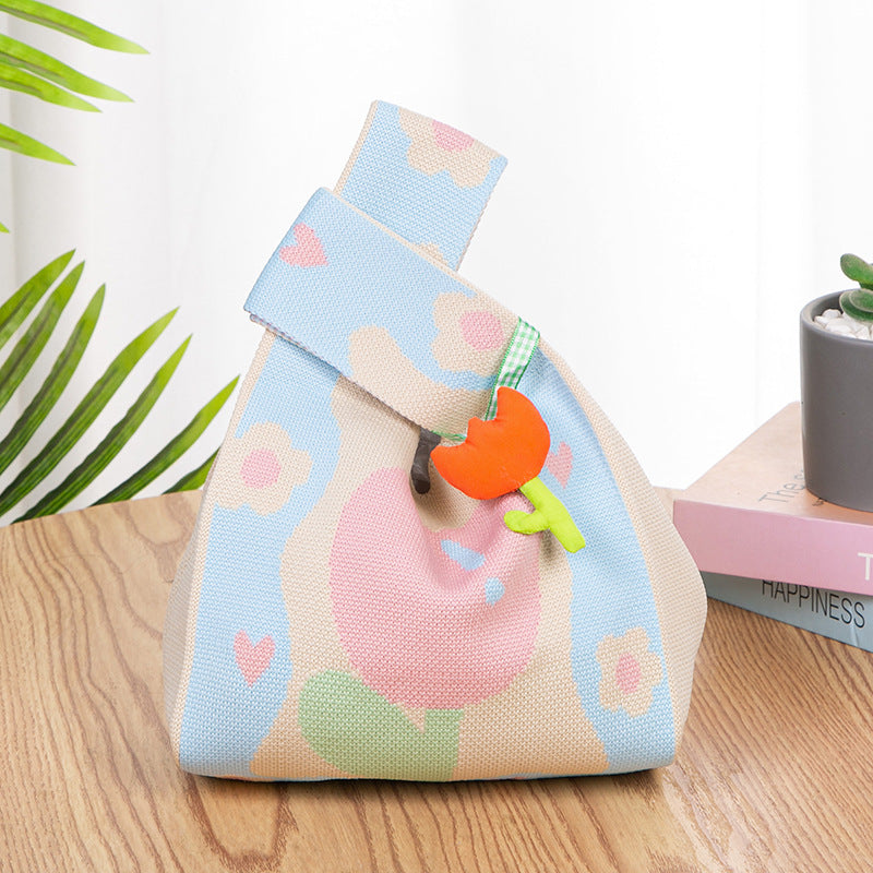 Knitted Tote Bag with Floral Design