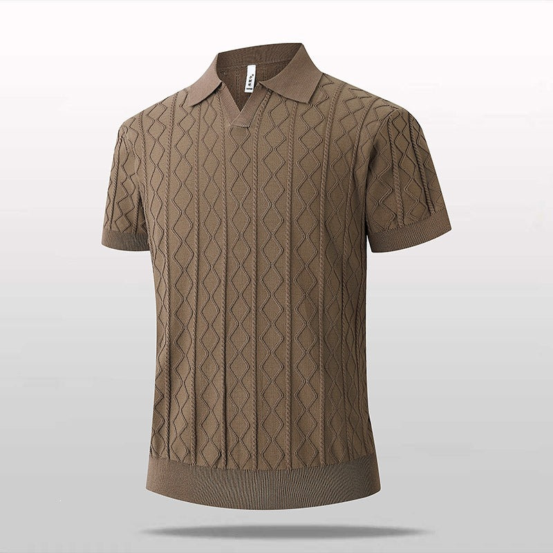 Knitted V-Neck Polo Shirt Men Short Sleeve
