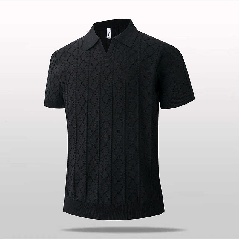 Knitted V-Neck Polo Shirt Men Short Sleeve