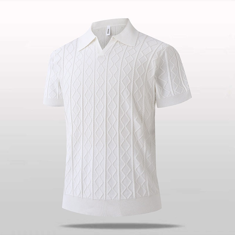 Knitted V-Neck Polo Shirt Men Short Sleeve