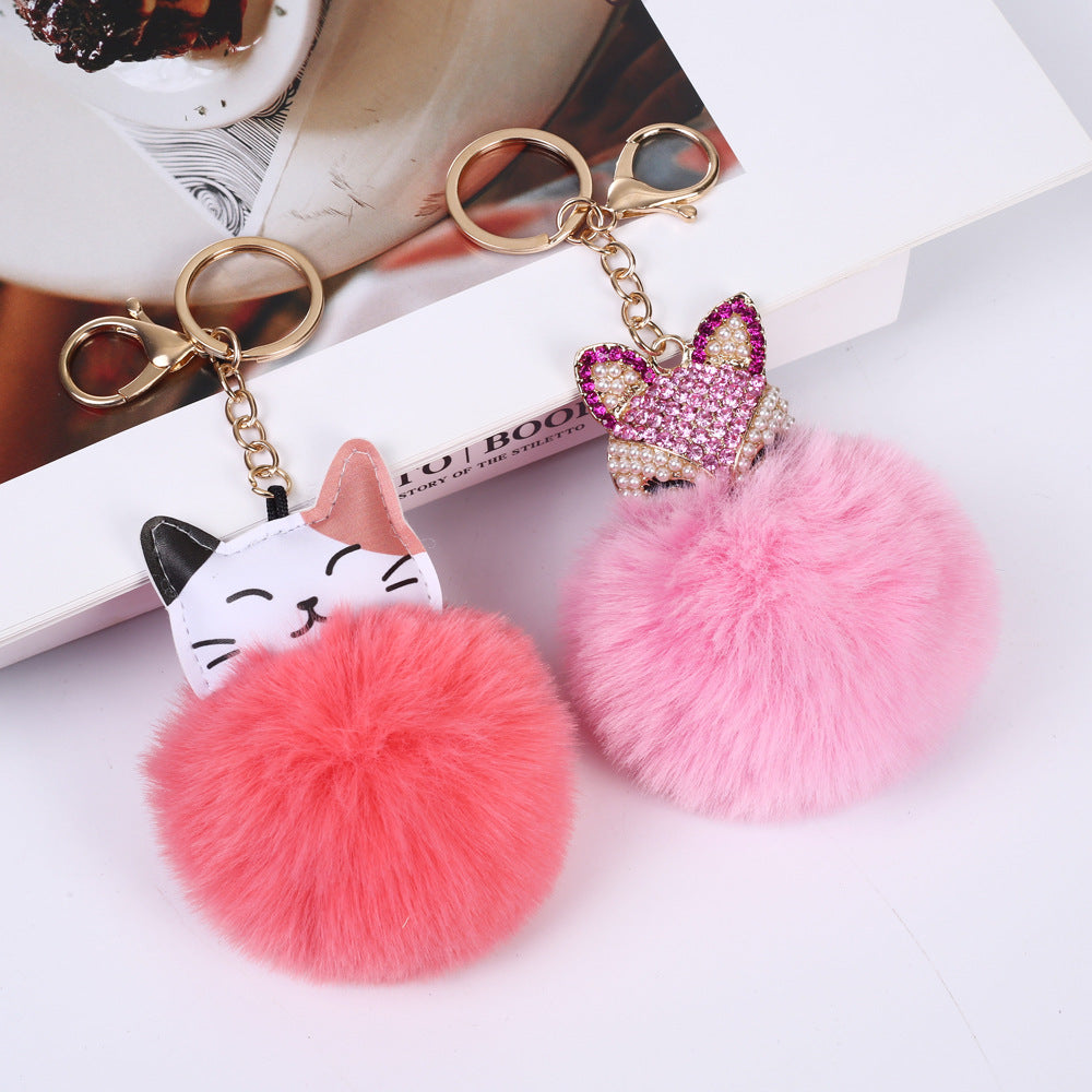 Korean Alloy Diamond Pearl Fox Fur Keychain