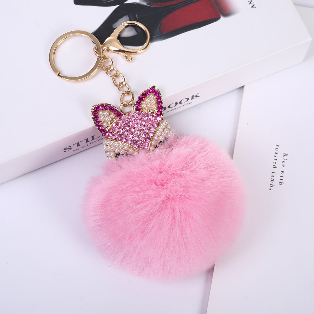 Korean Alloy Diamond Pearl Fox Fur Keychain