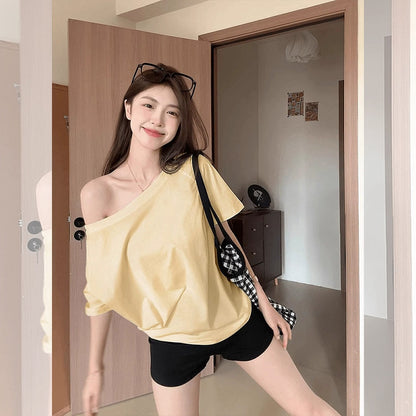 Korean Lazy Style Off-Shoulder T-Shirt for Women