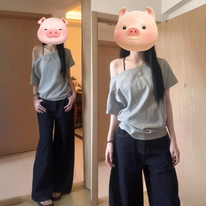 Korean Lazy Style Off-Shoulder T-Shirt for Women
