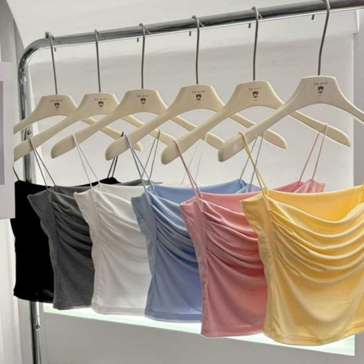 Korean Off-Shoulder Pleated Camisole Top with Adjustable Straps