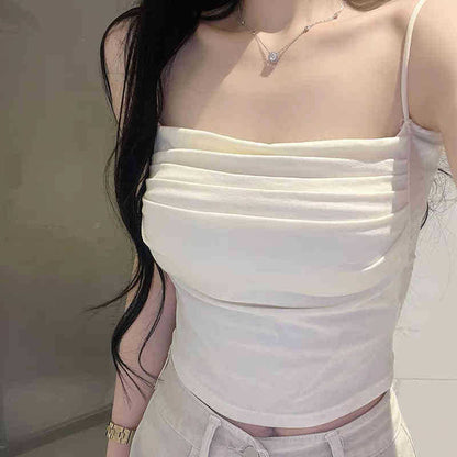 Korean Off-Shoulder Pleated Camisole Top with Adjustable Straps