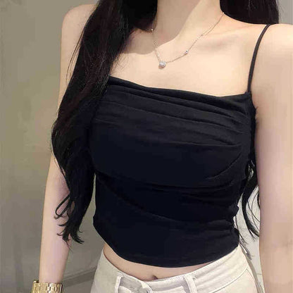 Korean Off-Shoulder Pleated Camisole Top with Adjustable Straps