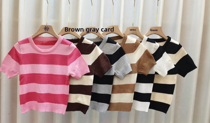Korean Striped Short Sleeve Knit Top