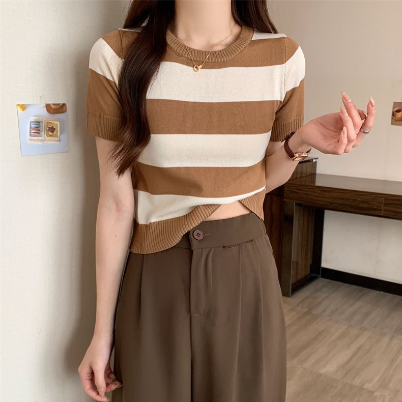 Korean Striped Short Sleeve Knit Top