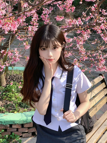 Korean Student Uniform Shirt and Skirt Set with Tie