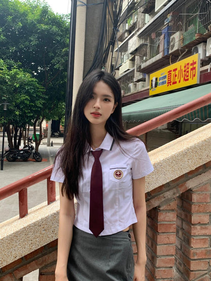 Korean Student Uniform Shirt and Skirt Set with Tie