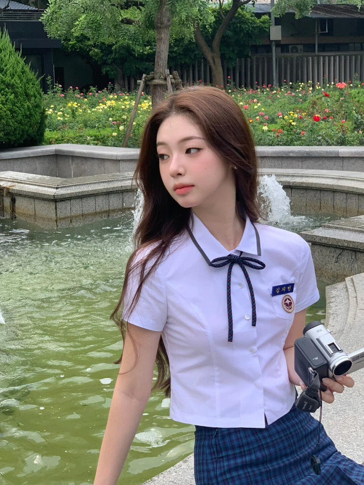 Korean Student Uniform Shirt and Skirt Set with Tie