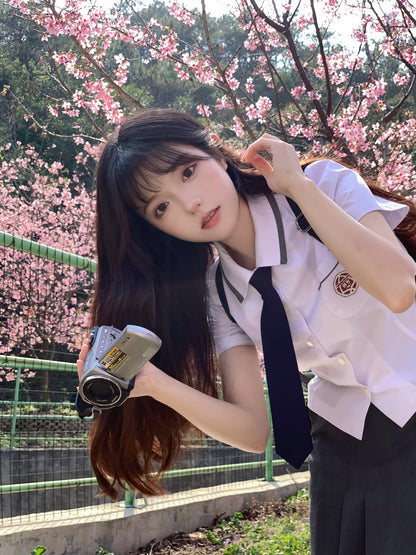 Korean Student Uniform Shirt and Skirt Set with Tie