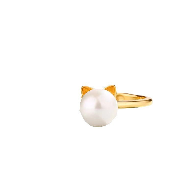 Korean Style Adjustable Cat Ear Pearl Ring