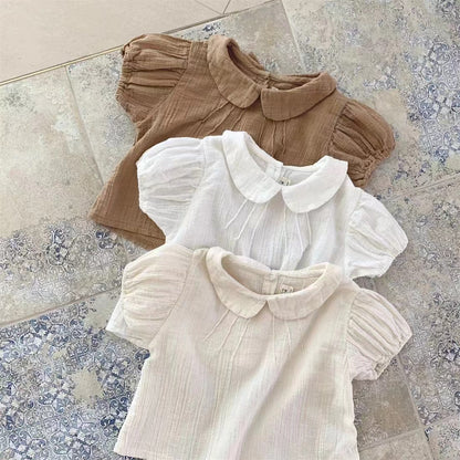 Korean-style New Summer Baby Girl's Cute Lapel Short-sleeved Doll Shirt T-shirt Baby's Short-sleeved Top Sweet All-match