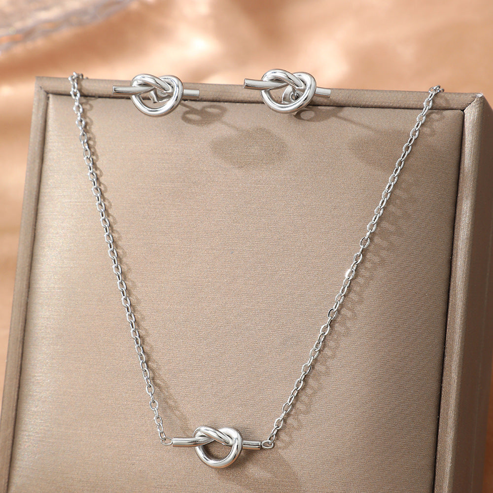 Korean Sweetheart Knot Heart Necklace Earrings Set