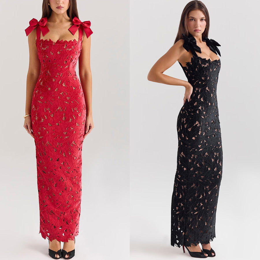 Lace Bow High Waist Long Dress