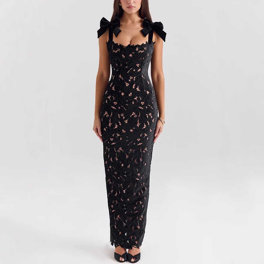 Lace Bow High Waist Long Dress