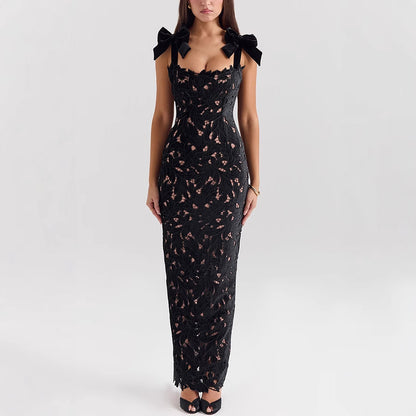 Lace Bow High Waist Long Dress