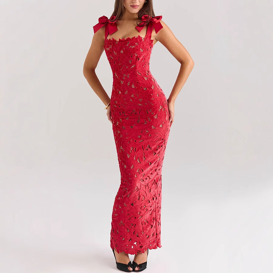 Lace Bow High Waist Long Dress