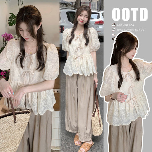 Lace Crochet Shirt and Pleated Wide Leg Pants