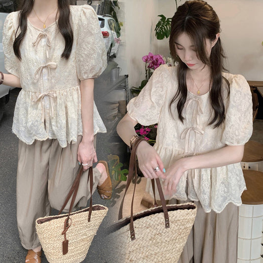 Lace Crochet Shirt and Pleated Wide Leg Pants