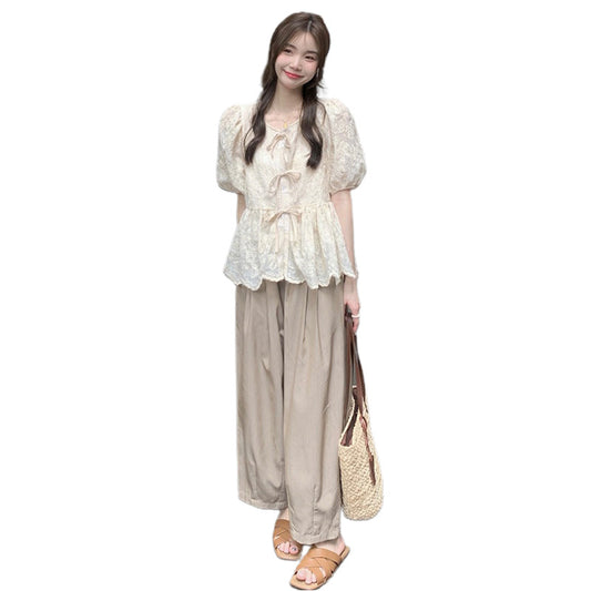 Lace Crochet Shirt and Pleated Wide Leg Pants