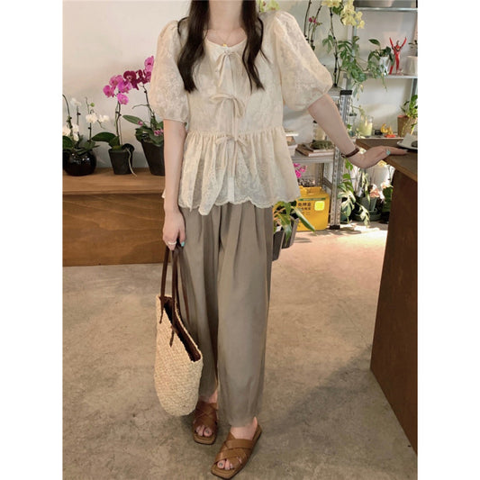 Lace Crochet Shirt and Pleated Wide Leg Pants