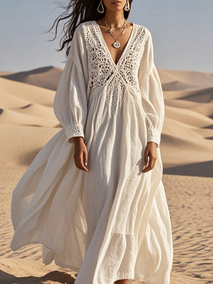 Lace Cut Out Splicing Loose Long Sleeve Dress