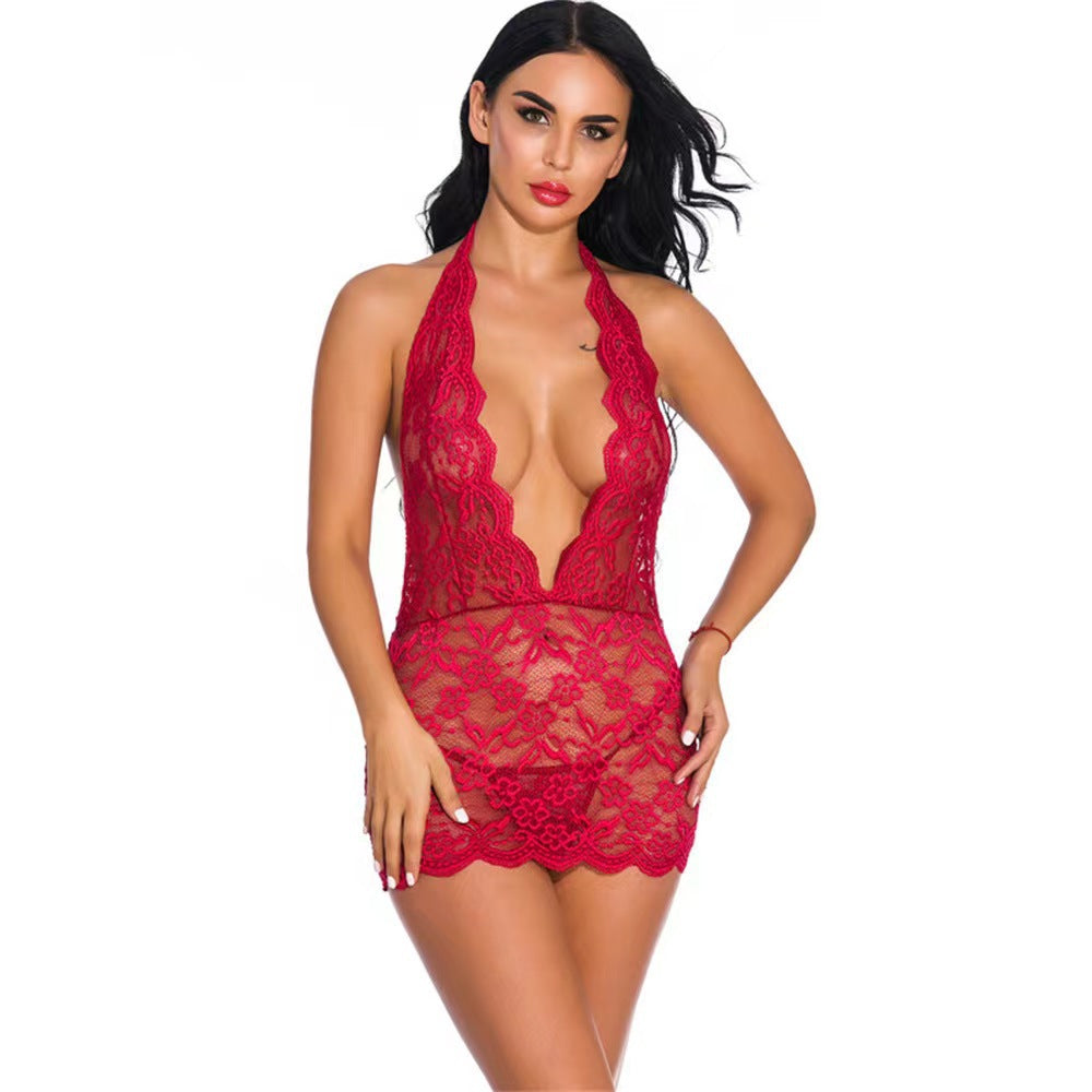 Lace Deep V Backless Sleepwear Set