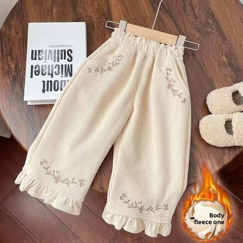 Lace-embroidered straight-leg pants