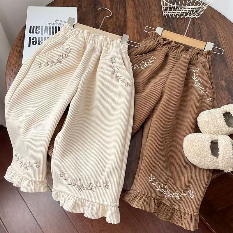 Lace-embroidered straight-leg pants